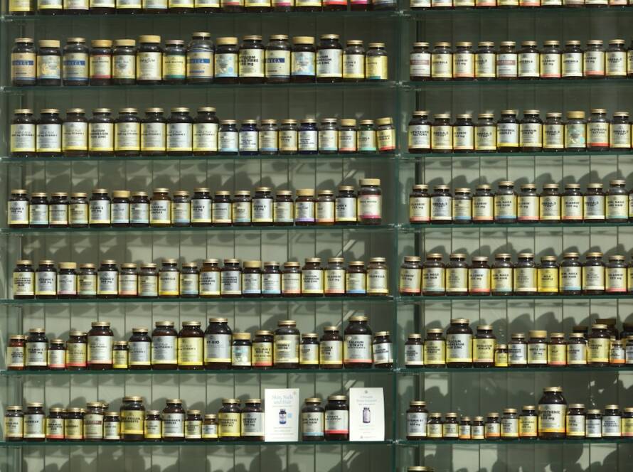 Pharmacy shelves with natural health products