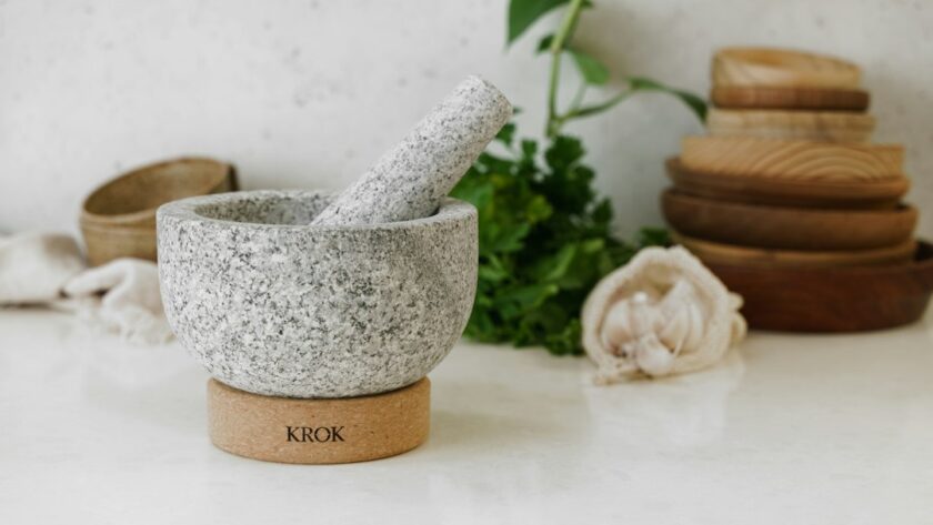 Mortar and pestle used for herbal preparations like ashwagandha
