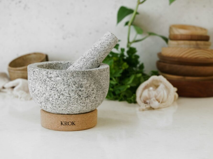 Mortar and pestle used for herbal preparations like ashwagandha